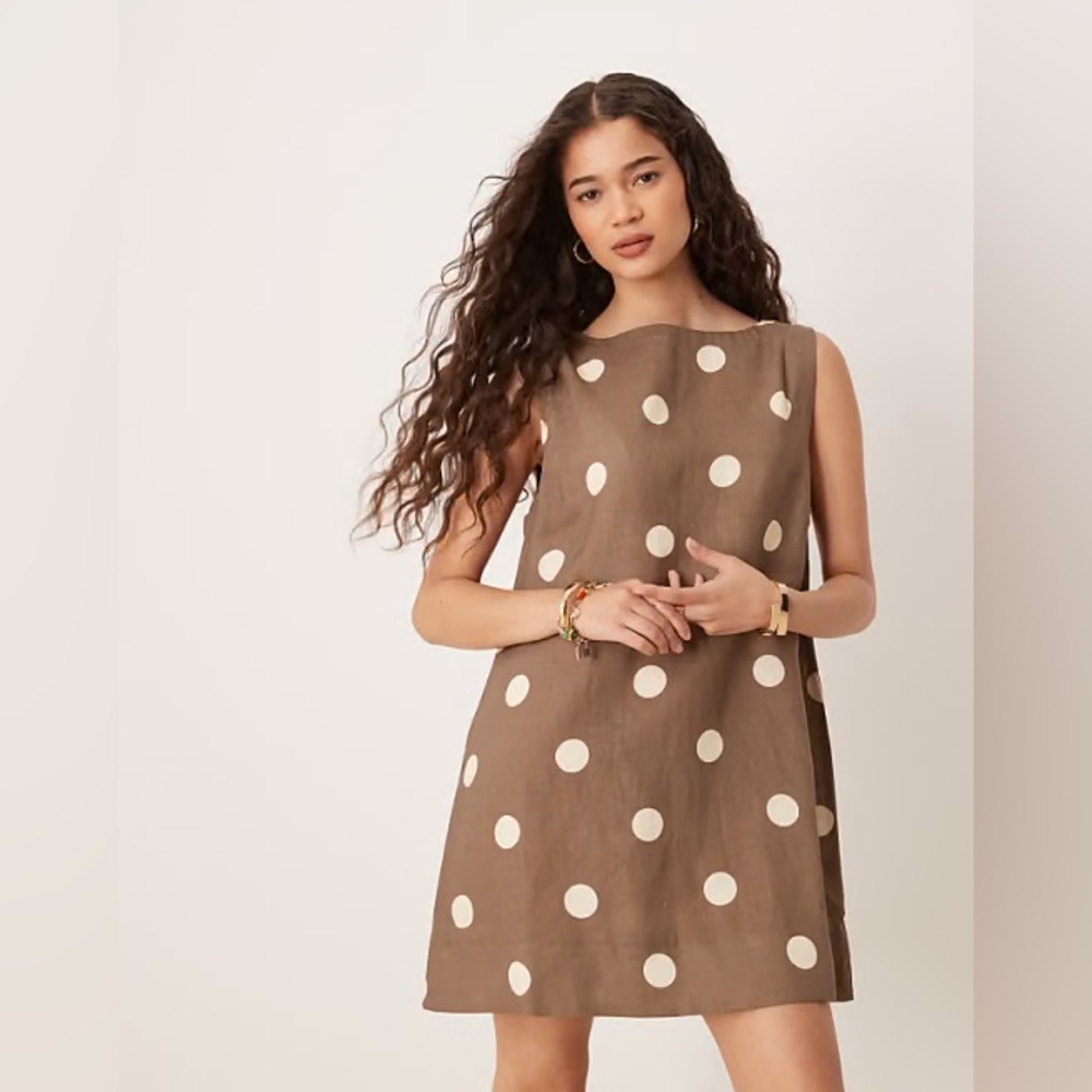 VRG GRL aftersun polka dot linen mini shift dress in brown